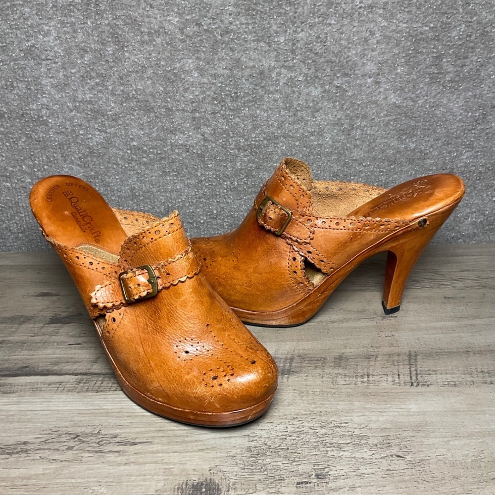 QuailCraft Vintage Brown Leather Wooden Clog Mule Women's Size 7.5/38 Boho Y2K - Picture 4 of 10